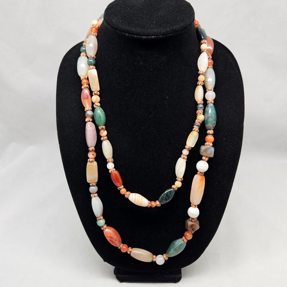Polished Agate Jasper Natural Stone Multi-Color Long Chunky Beaded Necklace